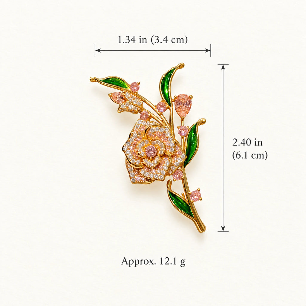 Alva Pink Zircon Rose Brooch size: approximately 2.40 by 1.34 inches (6.1 by 3.4 centimetres), 12.1 grams.