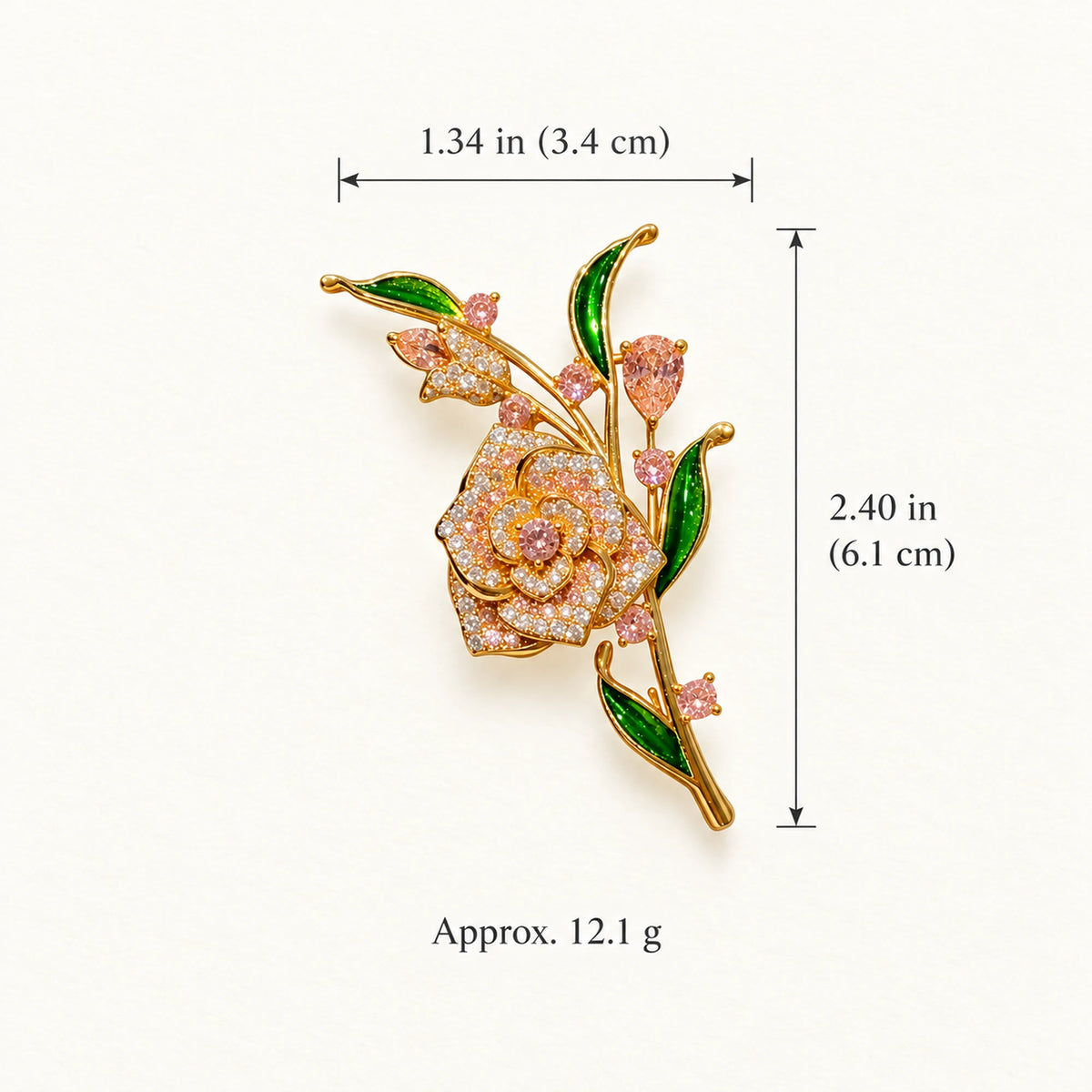 Alva Pink Zircon Rose Brooch size: approximately 2.40 by 1.34 inches (6.1 by 3.4 centimetres), 12.1 grams.