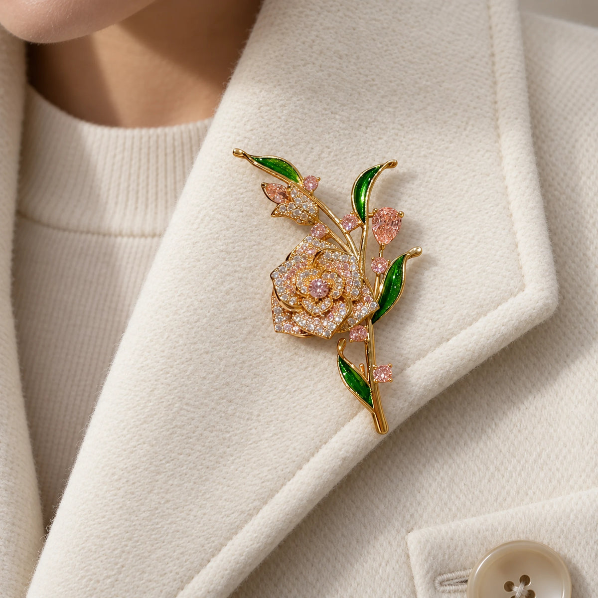 Alva Pink Zircon Rose Brooch pinned completely inside one broad ivory wool lapel.
