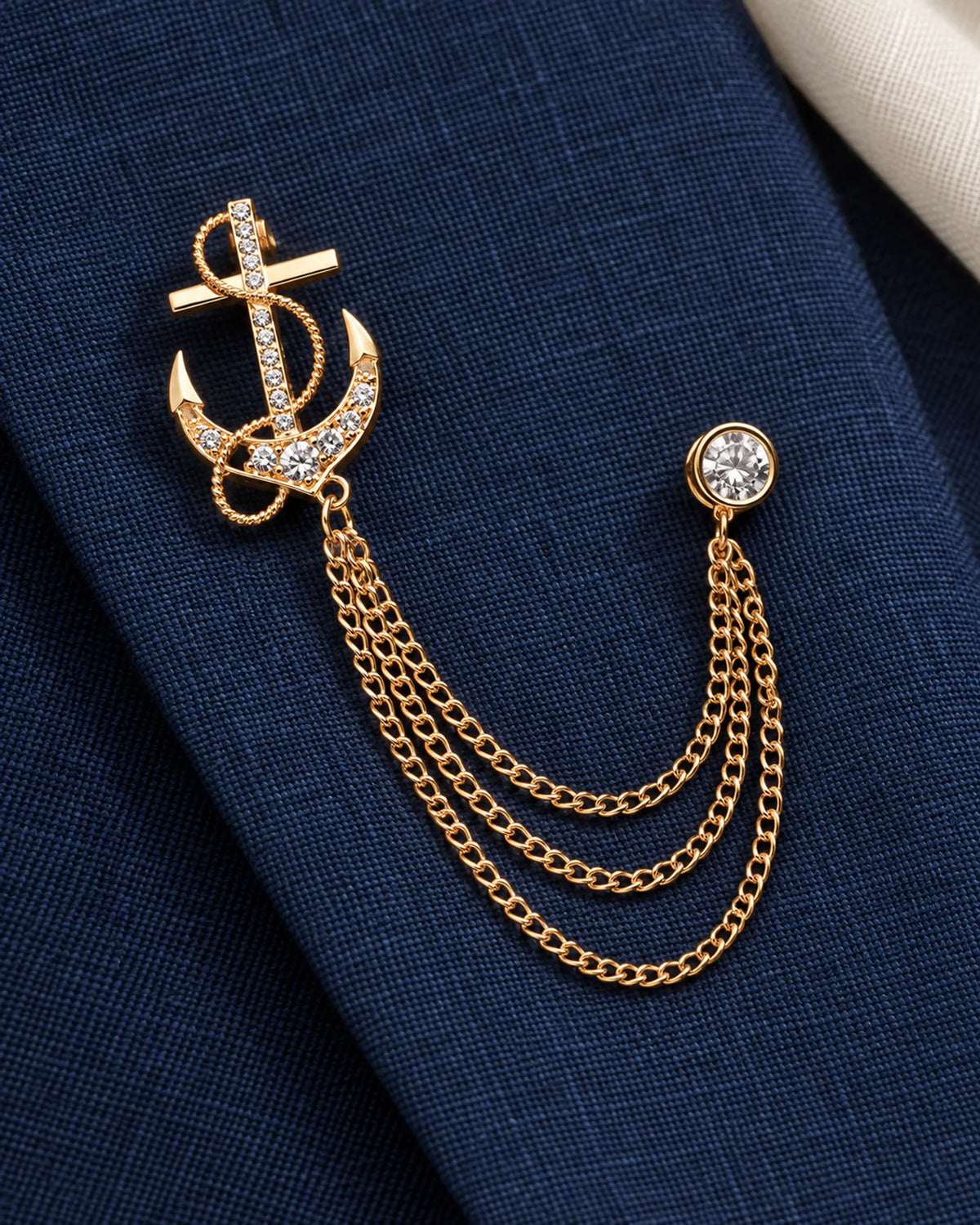 Ankkuri Anchor Lapel Chain Brooch in gold-tone finish; complete still-life drape