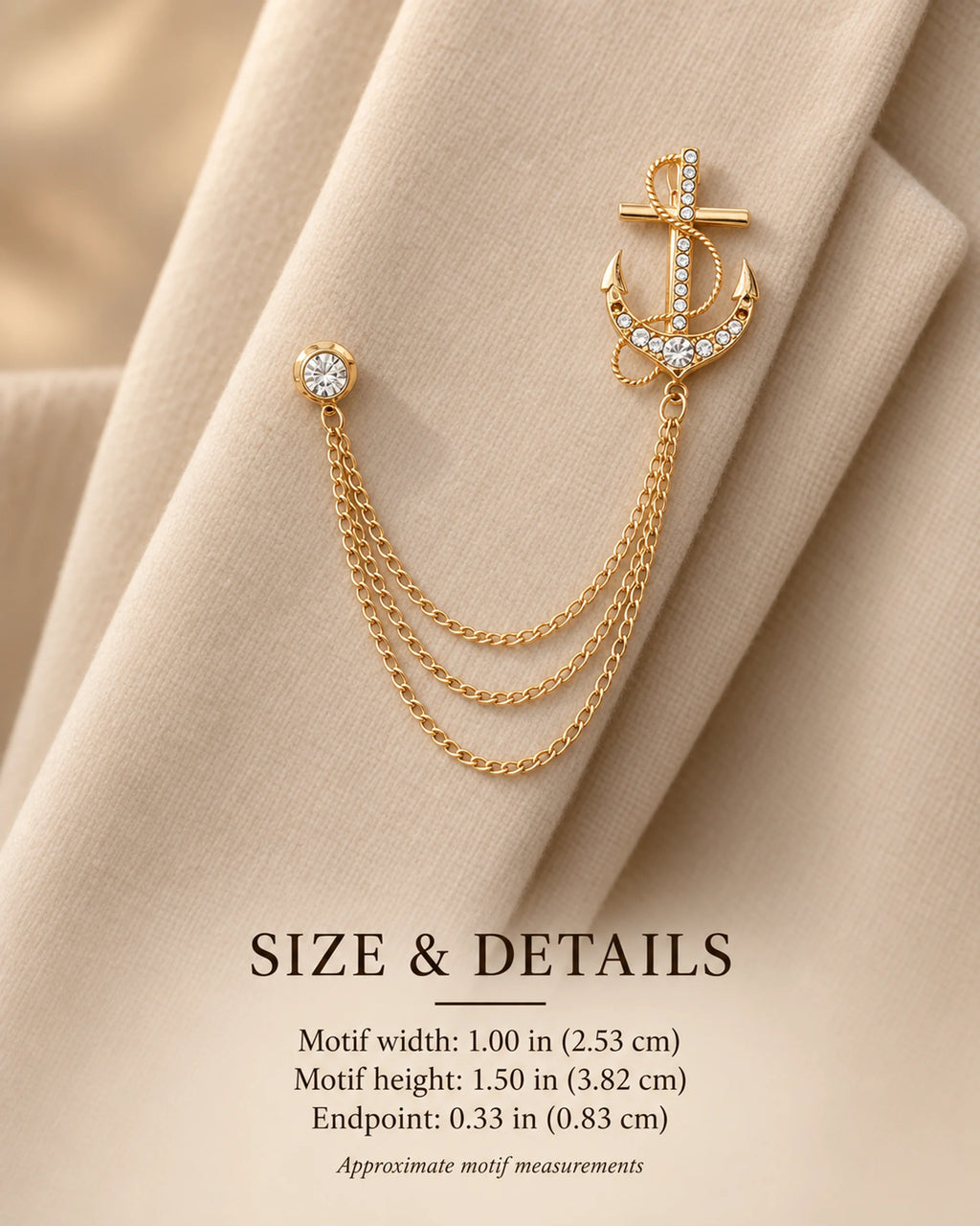 Ankkuri Anchor Lapel Chain Brooch in gold-tone finish; motif and endpoint dimensions