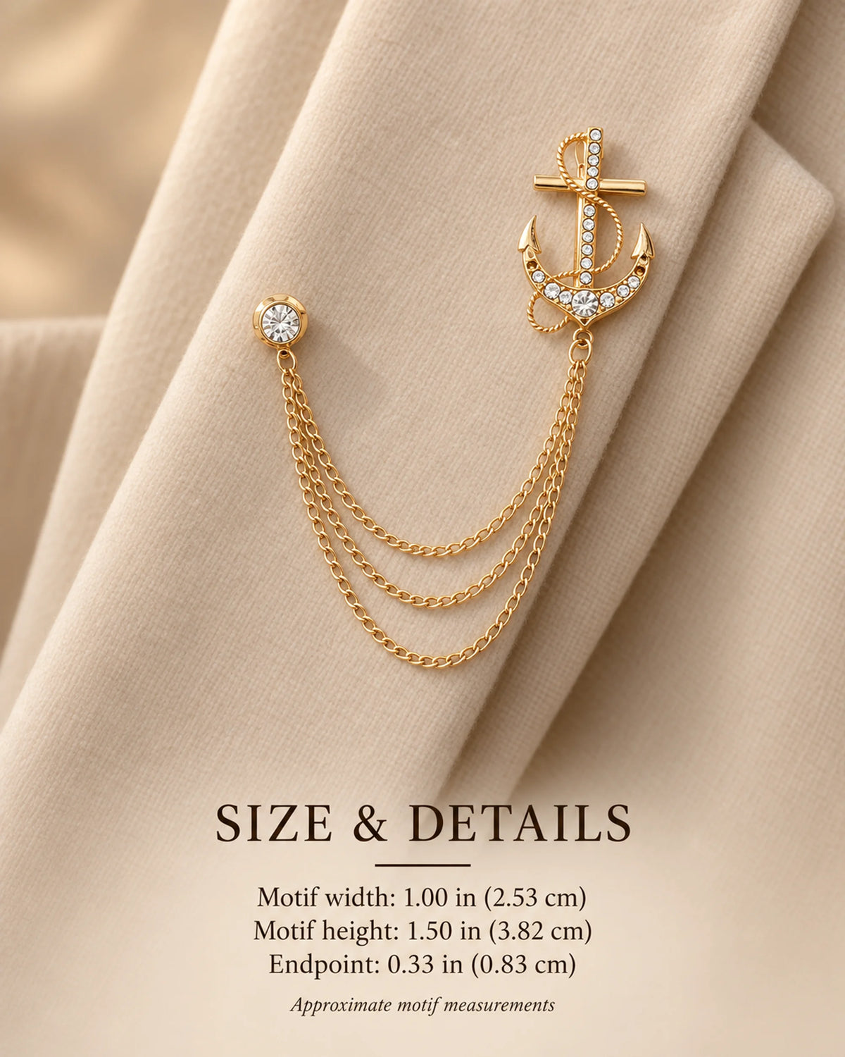 Ankkuri Anchor Lapel Chain Brooch in gold-tone finish; motif and endpoint dimensions
