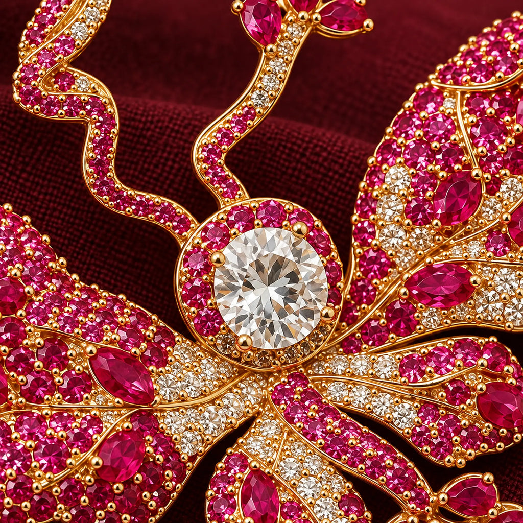 Rose-pink stones, clear accents and gold-plated veins follow the sculpted wings.