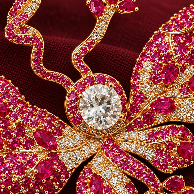 Rose-pink stones, clear accents and gold-plated veins follow the sculpted wings.