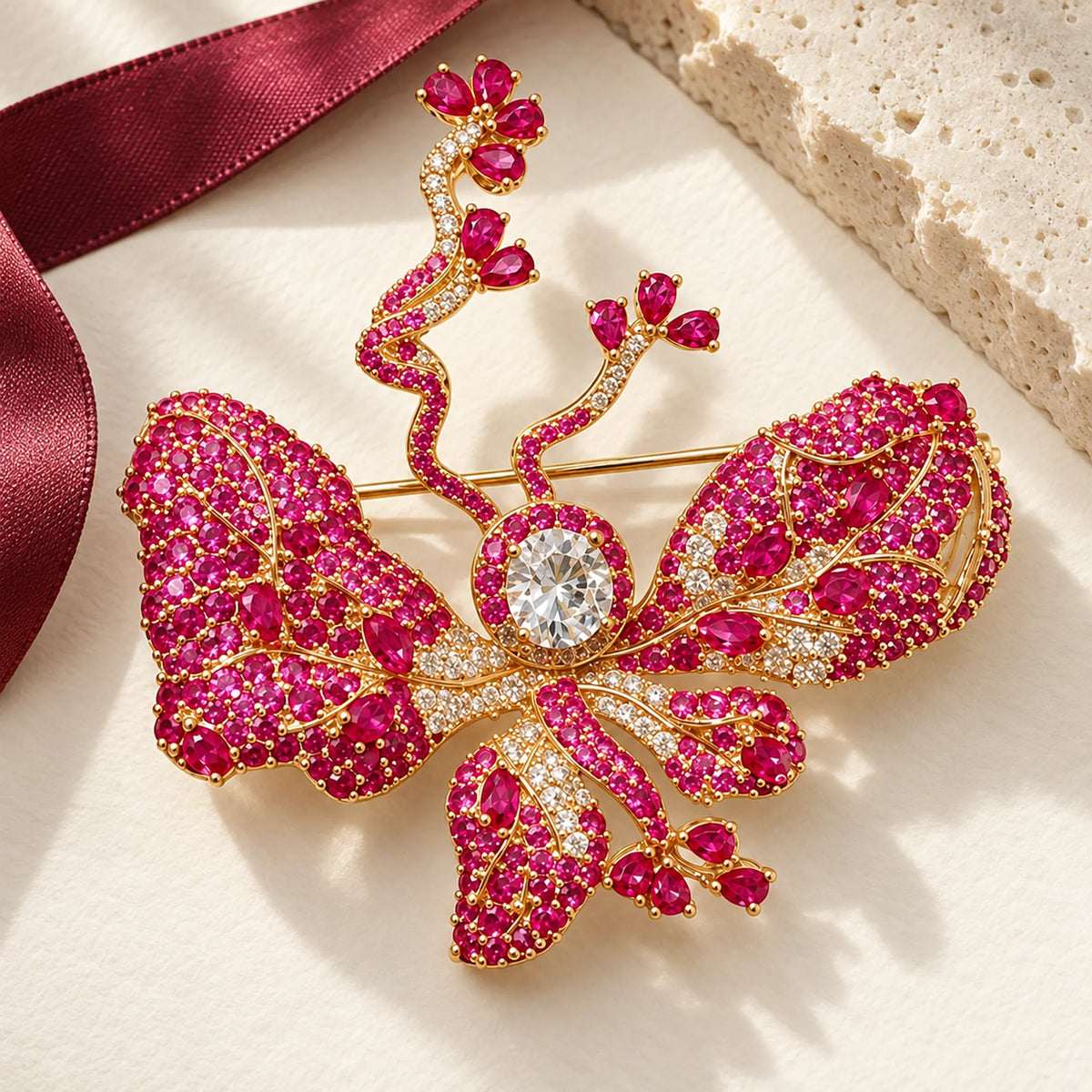 Complete Anni Rose Pink Butterfly Brooch resting on ivory paper beside silk and pale limestone.