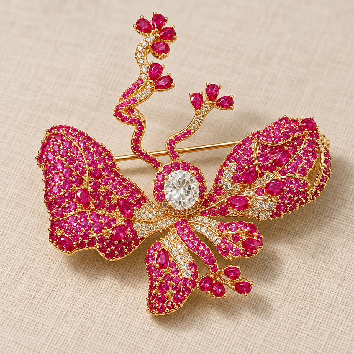 Anni Rose Pink Butterfly Brooch in an oblique front view showing raised settings and dimensional construction.