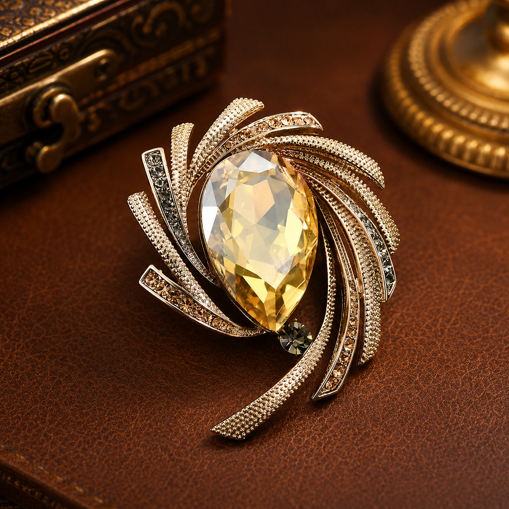 Astra Orbit Crystal Brooch on brown leather