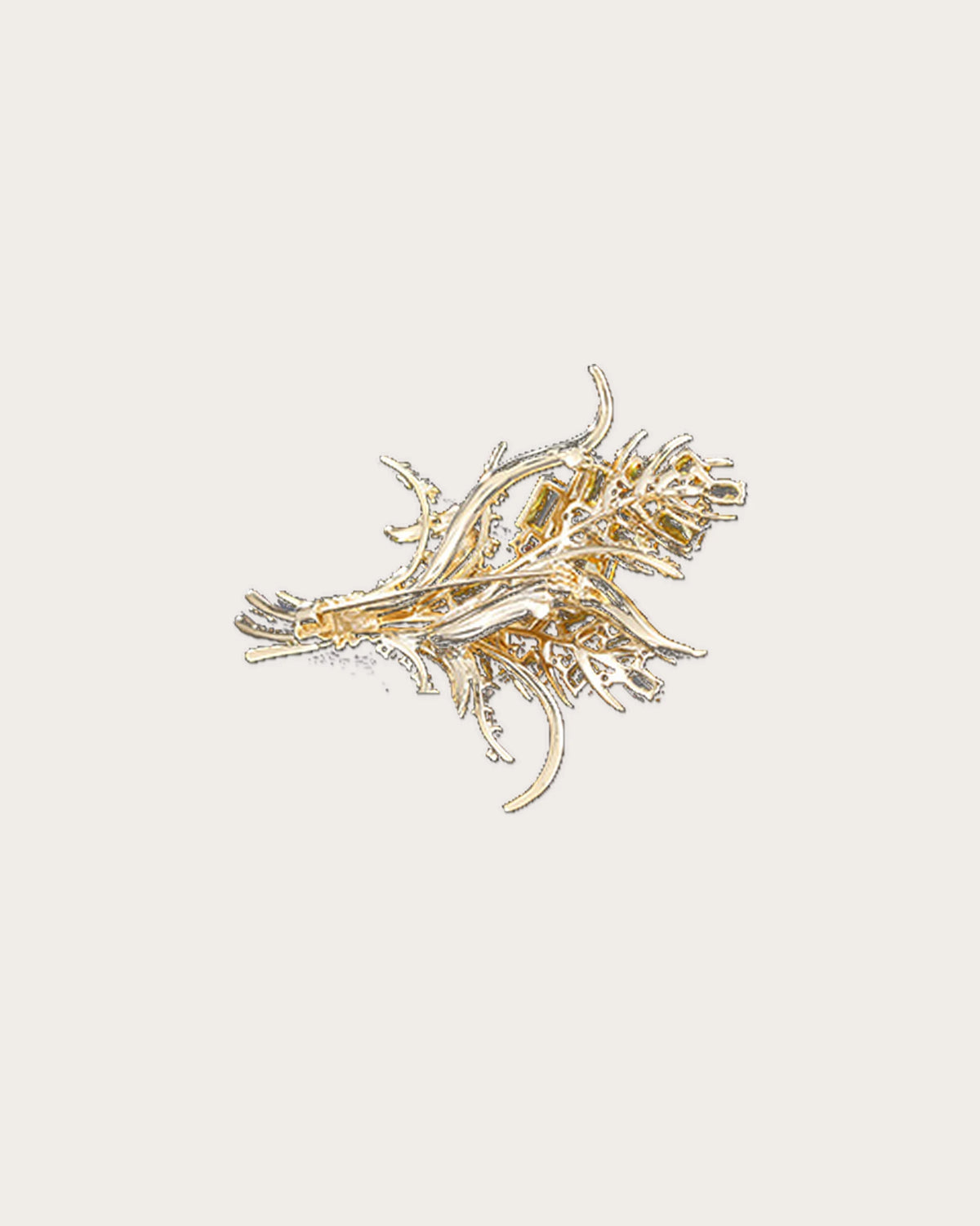 Rear construction of Aurea wheat sheaf brooch showing the pin, catch and supporting metal stems