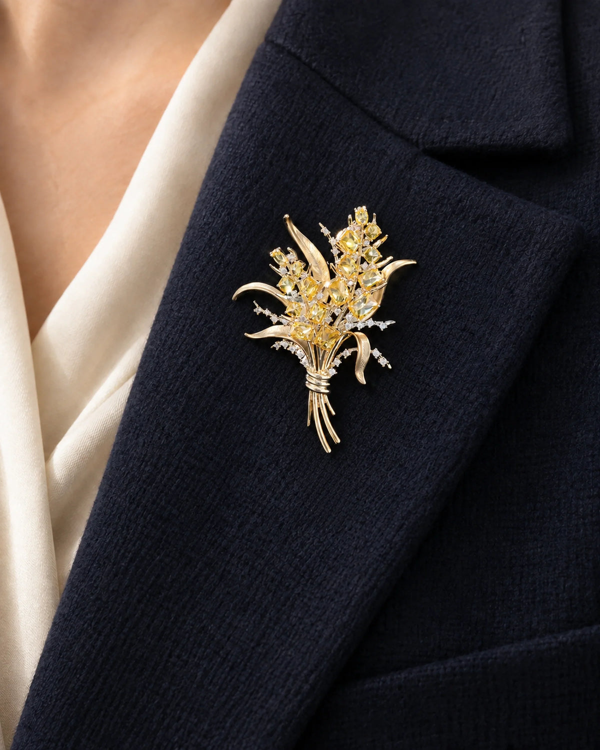 Aurea wheat sheaf brooch with curved gold-tone leaves and gathered stems on a navy coat lapel