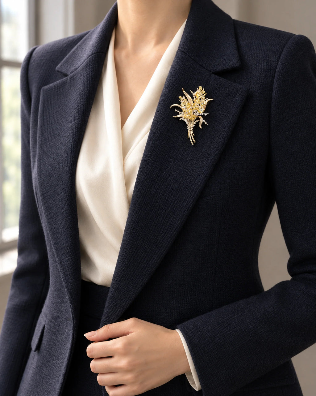 Aurea gold-tone wheat sheaf brooch worn on a navy coat and ivory top beside a window