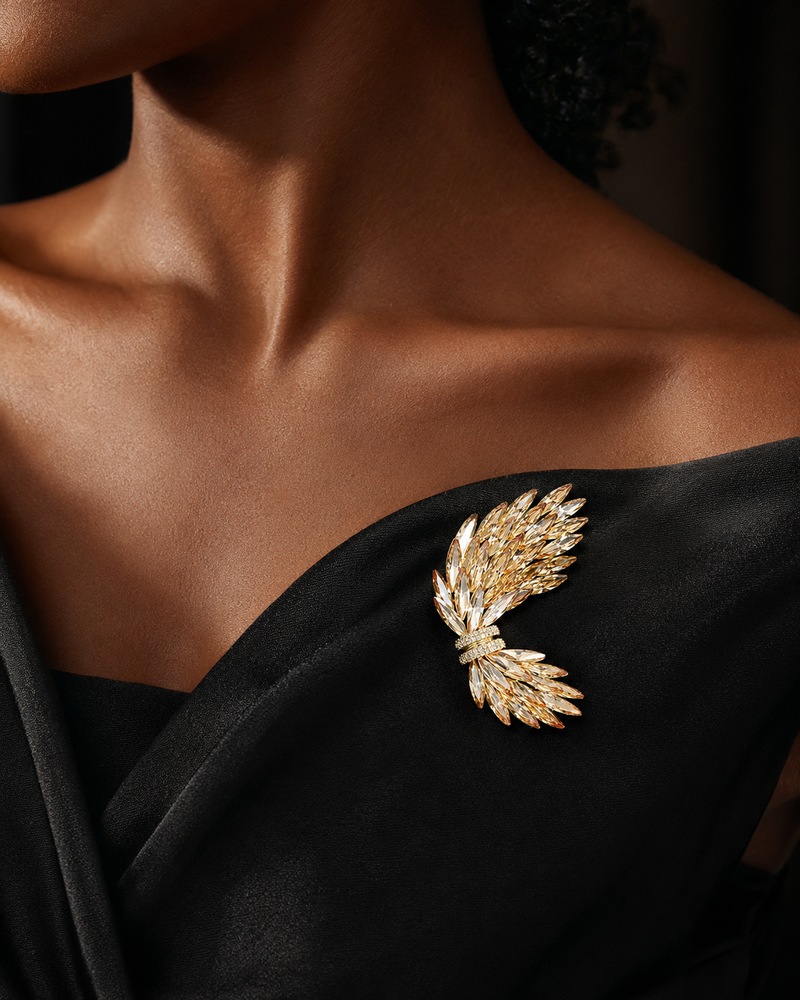 Aurelia Wing Crystal Brooch worn on black dress