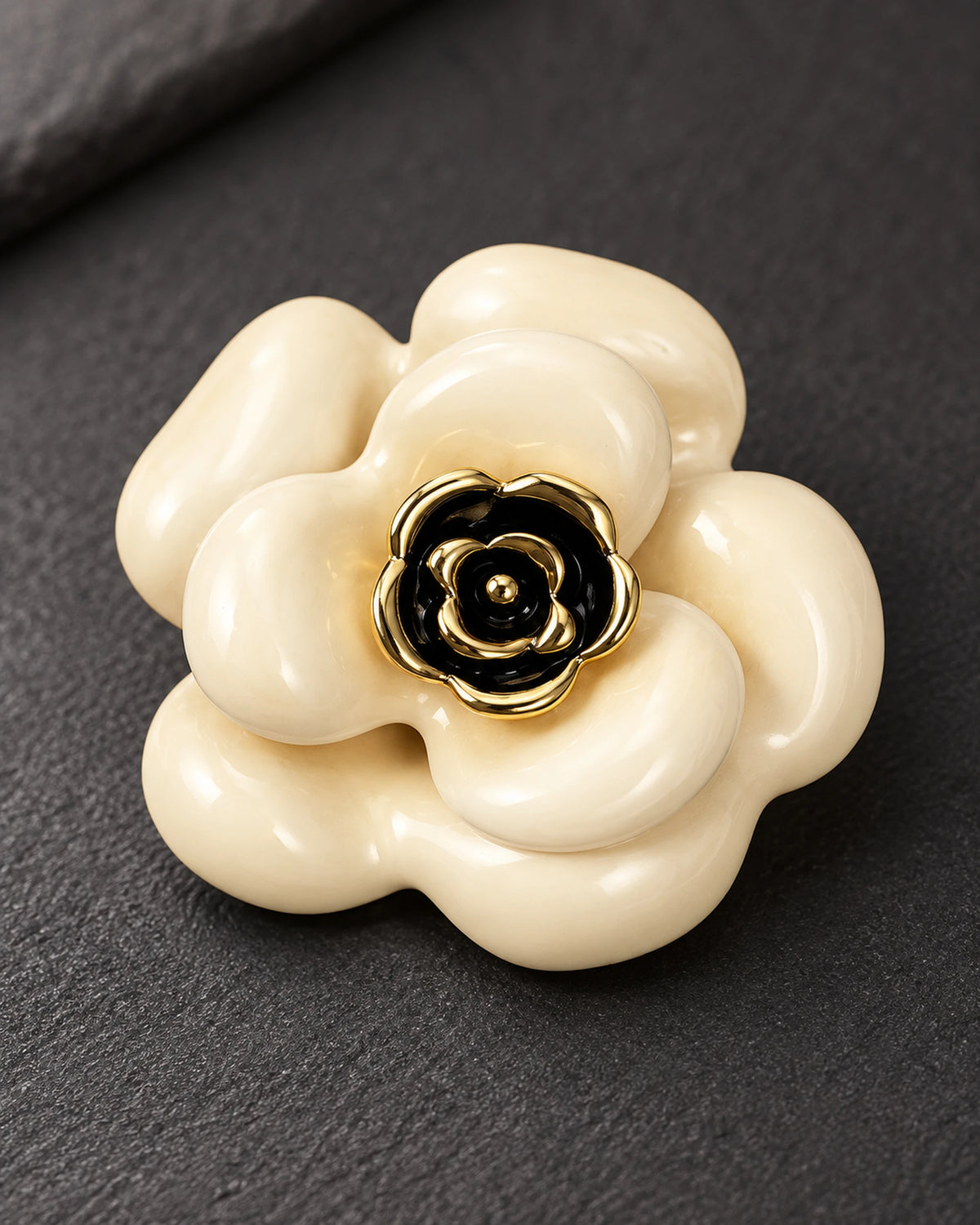 Auri Ivory Camellia Magnetic Brooch, Gold & Ivory, detail close-up