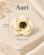 Auri Ivory Camellia Magnetic Brooch size guide: 2.6 cm wide, 2.4 cm high, 15.5 g