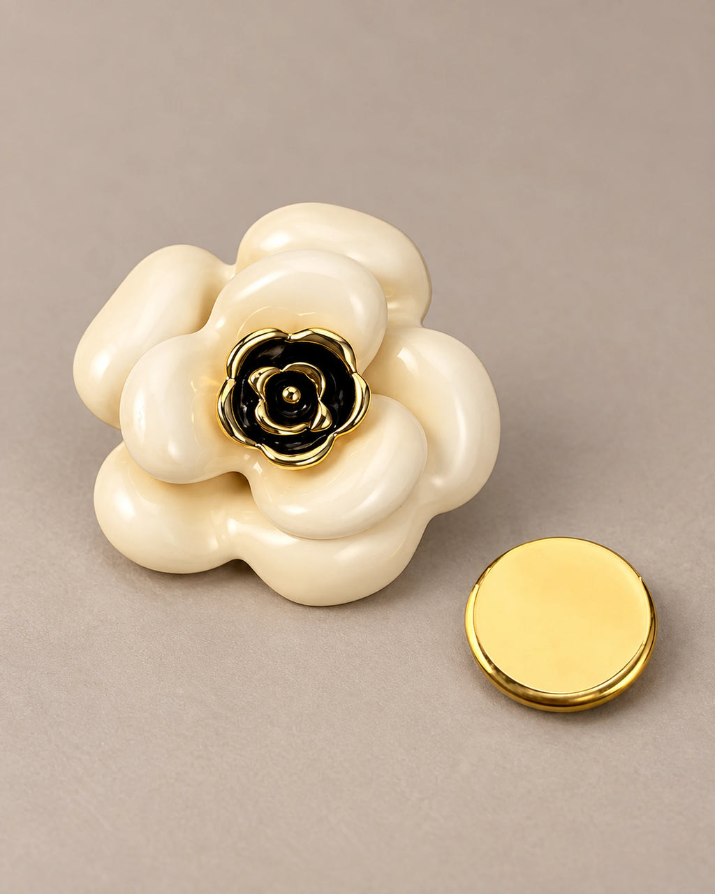 Auri Ivory Camellia Magnetic Brooch, Gold & Ivory with separate magnetic backing