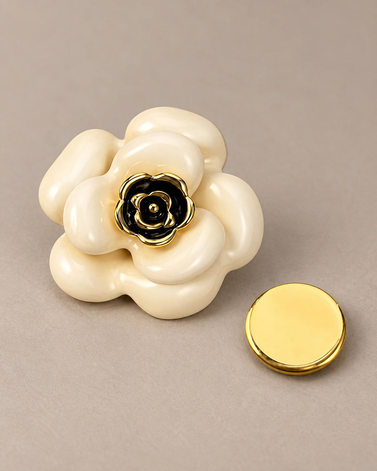 Auri Ivory Camellia Magnetic Brooch, Gold & Ivory with separate magnetic backing
