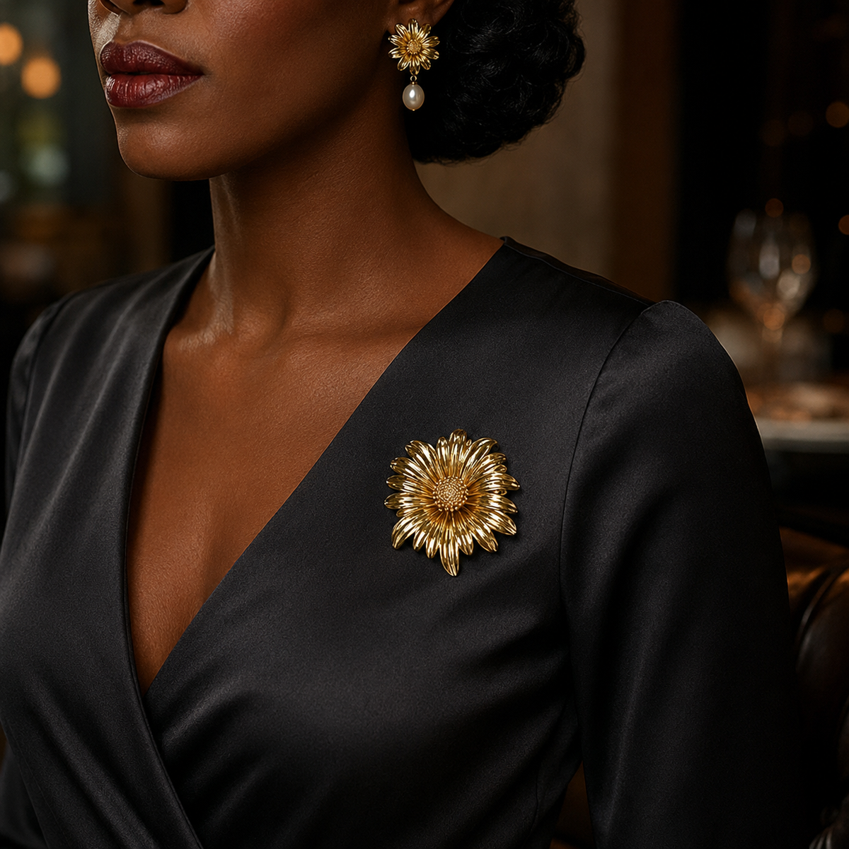 Aurinko Bloom Brooch worn on black dress