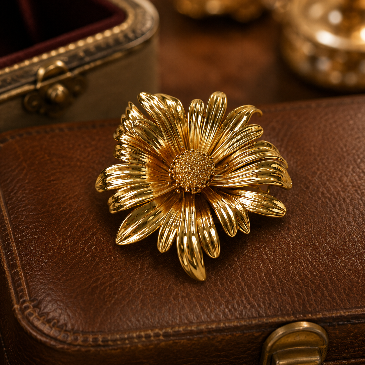 Aurinko Bloom Brooch on brown leather
