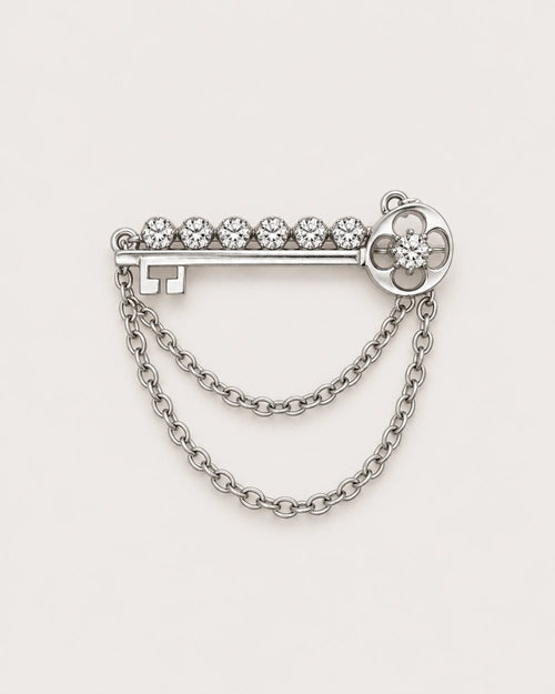Avain Key Double Chain Brooch in silver-tone finish — product-only front view