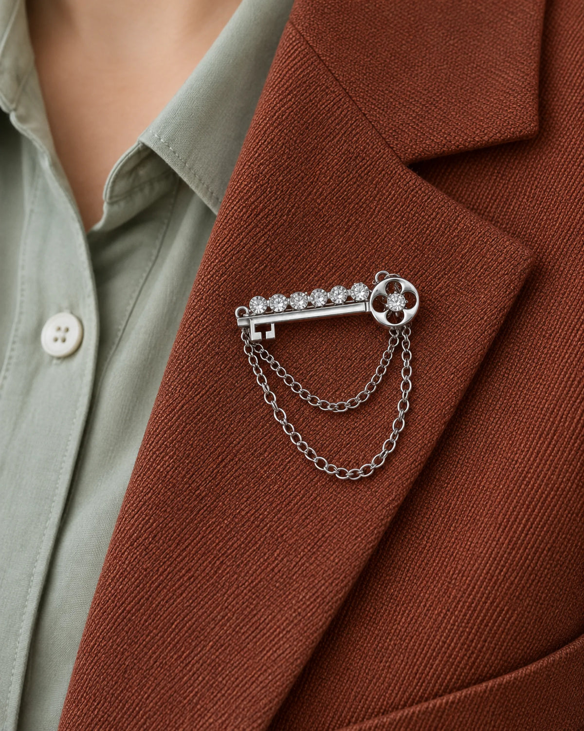 Avain Key Double Chain Brooch in silver-tone finish — close wearing view on a jacket lapel