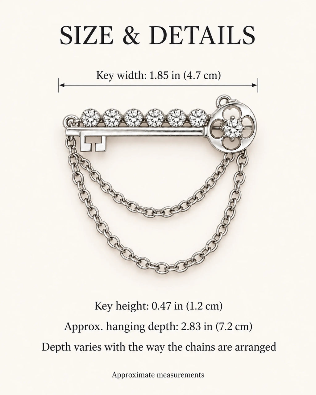 Avain Key Double Chain Brooch in silver-tone finish — verified dimensions guide