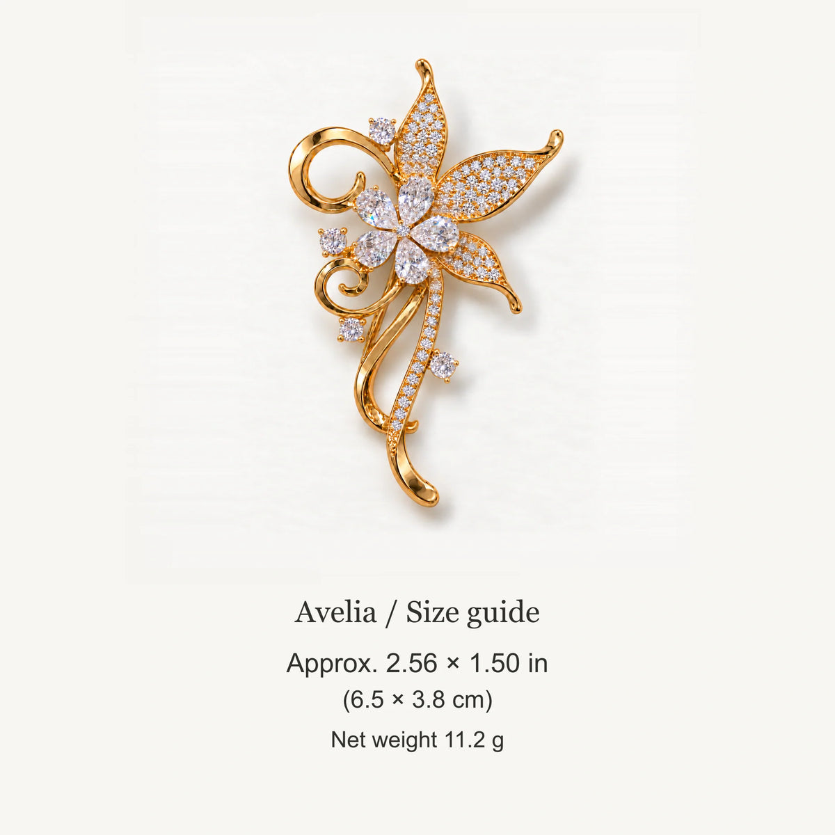 Avelia dimensions: approximately 2.56 × 1.50 in (6.5 × 3.8 cm), net weight 11.2 g