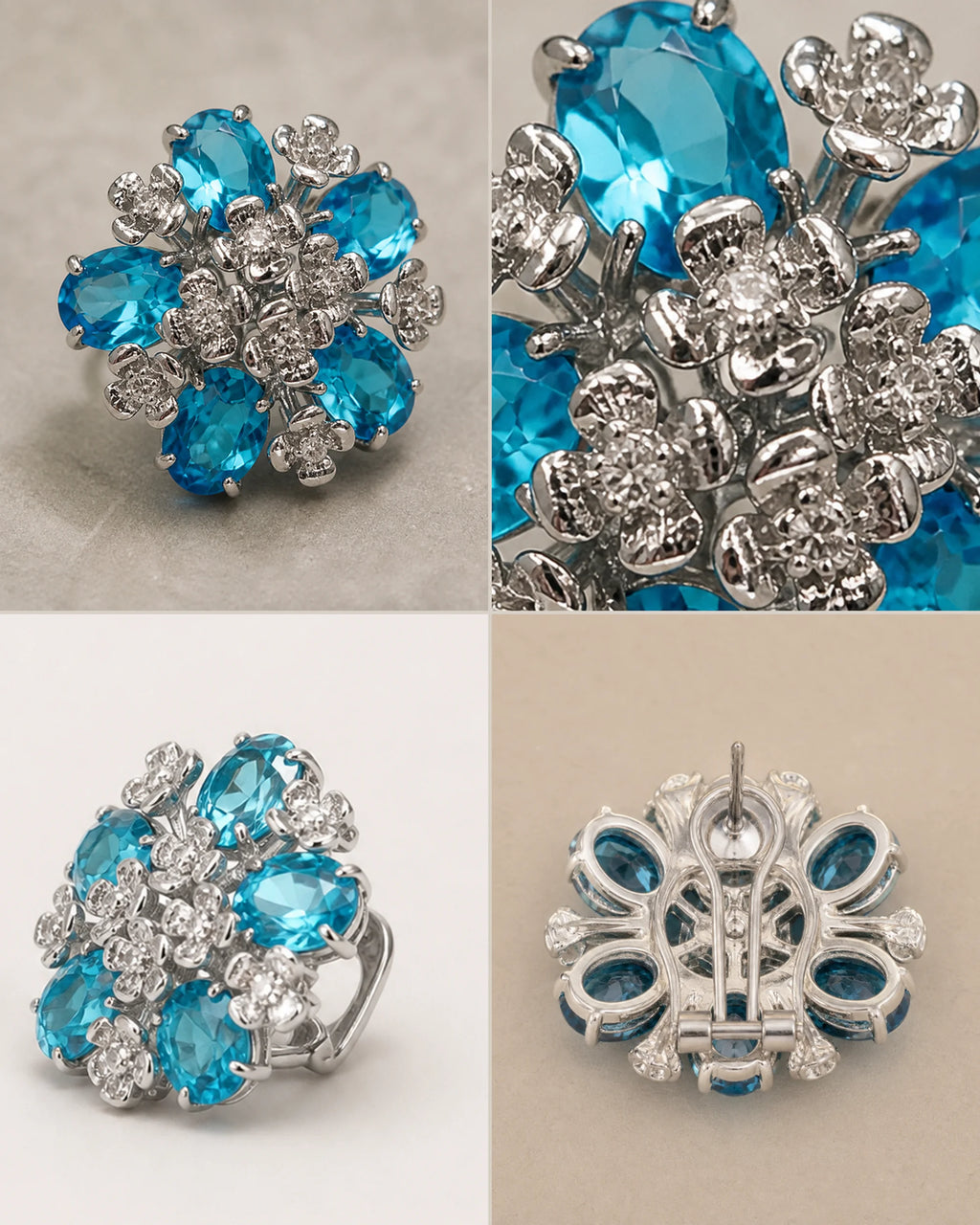 Four detail views of Azura showing the five-stone floral front, openwork center, copper post and hinged omega back.