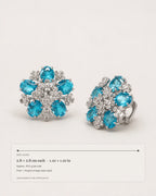 Azura Blue Glass Floral Omega-Back Earrings size guide showing 2.8 by 2.8 cm per earring and 20.5 g per pair.