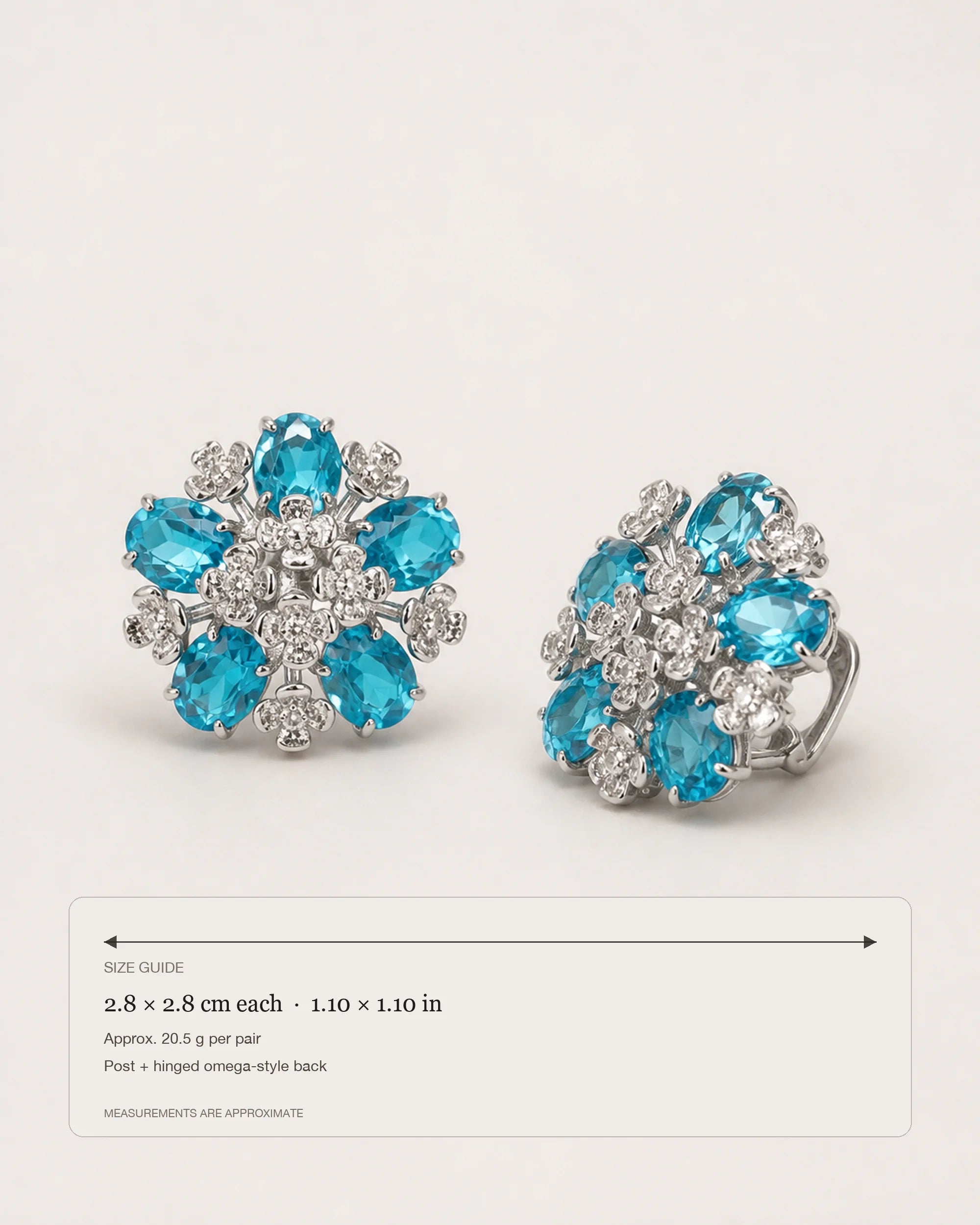 Azura Blue Glass Floral Omega-Back Earrings size guide showing 2.8 by 2.8 cm per earring and 20.5 g per pair.