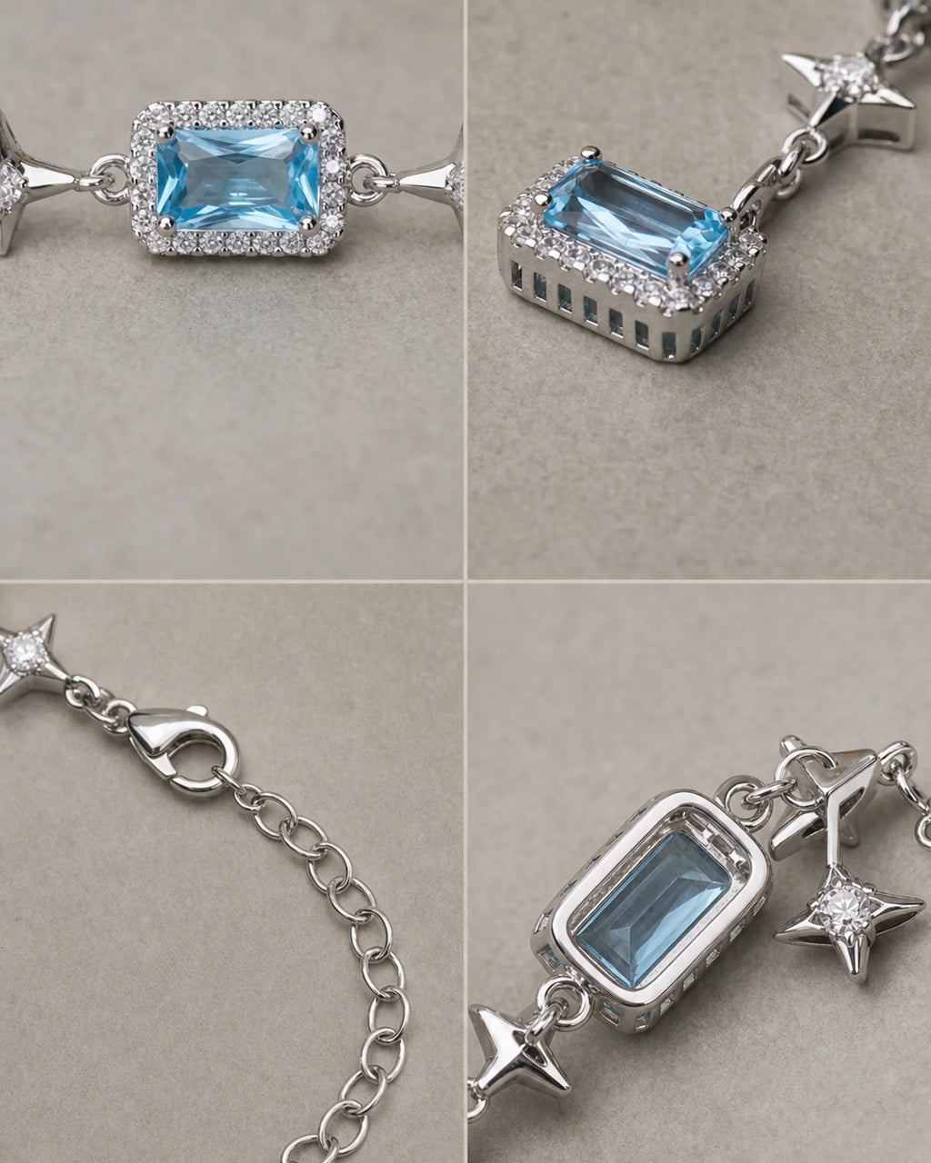 Four detail views of the Celeste bracelet blue settings, alternating star links, lobster clasp and extender.