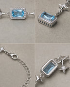 Four detail views of the Celeste bracelet blue settings, alternating star links, lobster clasp and extender.