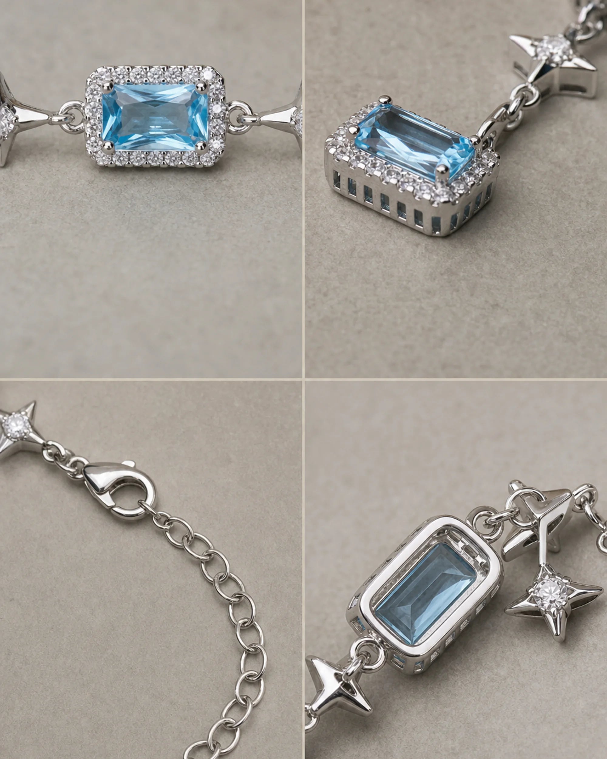 Four detail views of the Celeste bracelet blue settings, alternating star links, lobster clasp and extender.