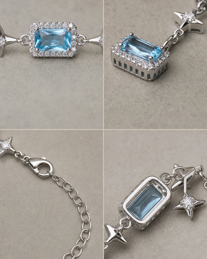 Four detail views of the Celeste bracelet blue settings, alternating star links, lobster clasp and extender.