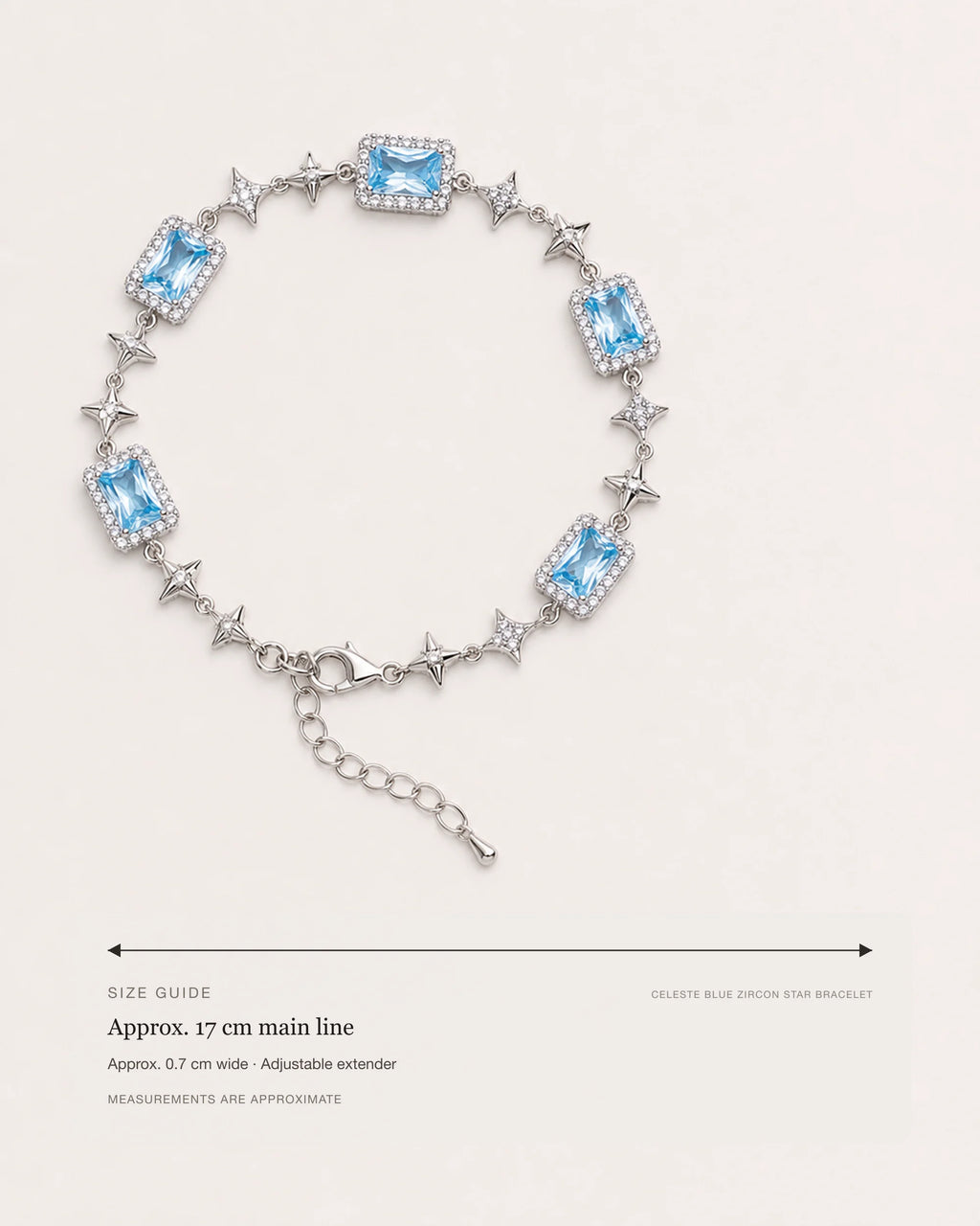 Celeste Blue Zircon Star Bracelet size guide showing a 17 cm main line, adjustable extender and 0.7 cm width.