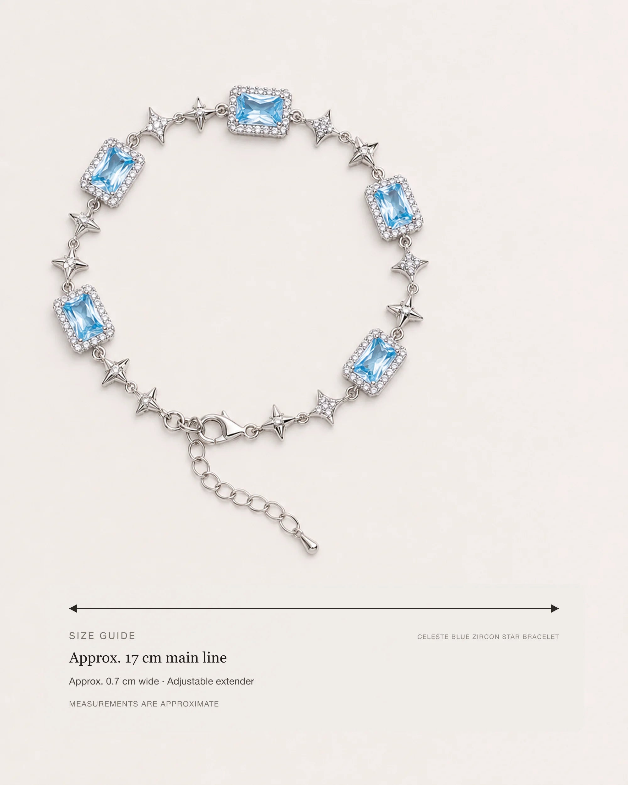 Celeste Blue Zircon Star Bracelet size guide showing a 17 cm main line, adjustable extender and 0.7 cm width.