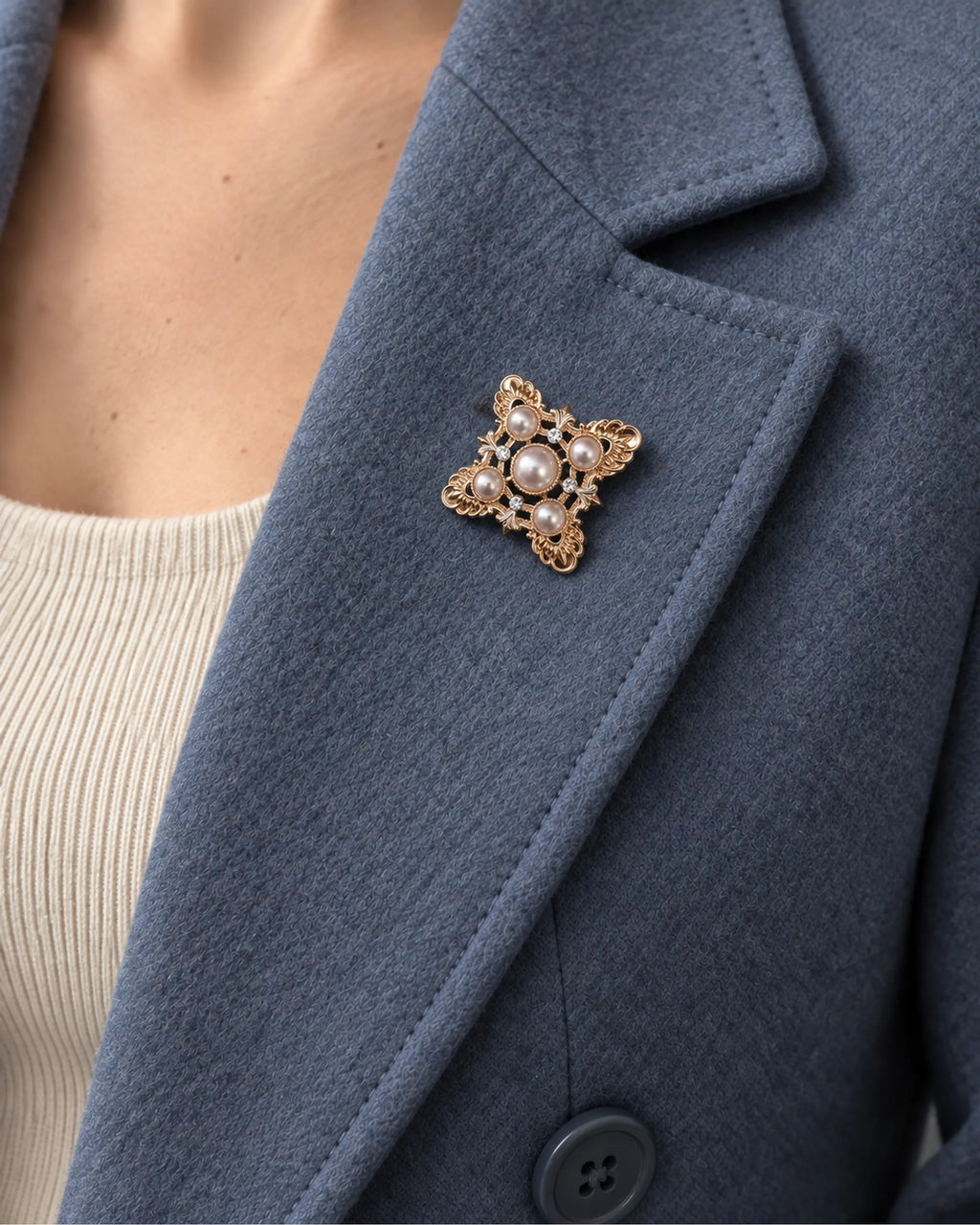 Dagny Pearl-Style Openwork Cross Brooch — model wearing the brooch on a jacket lapel, close view