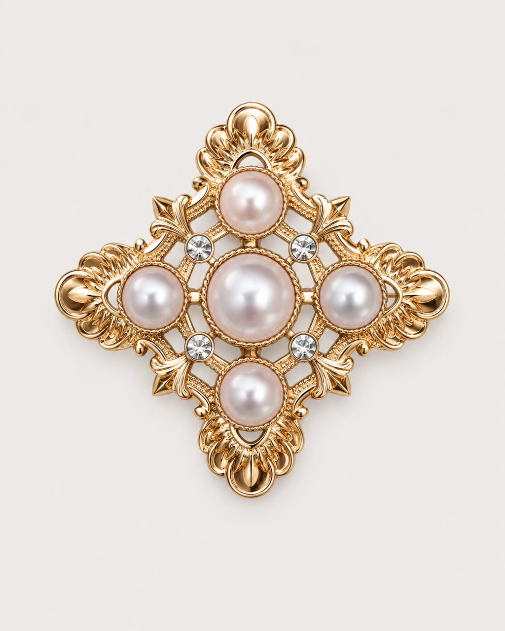 Dagny Pearl-Style Openwork Cross Brooch in gold tone, white & clear, front product view