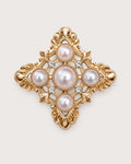 Dagny Pearl-Style Openwork Cross Brooch in gold tone, white & clear, front product view