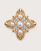 Dagny Pearl-Style Openwork Cross Brooch in gold tone, white & clear, front product view