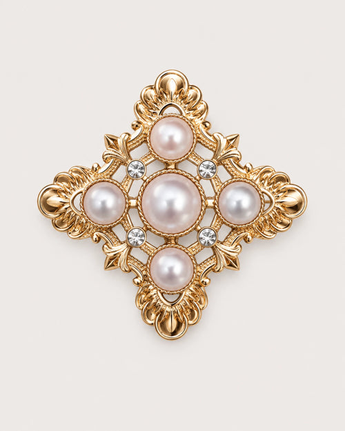 Dagny Pearl-Style Openwork Cross Brooch in gold tone, white & clear, front product view