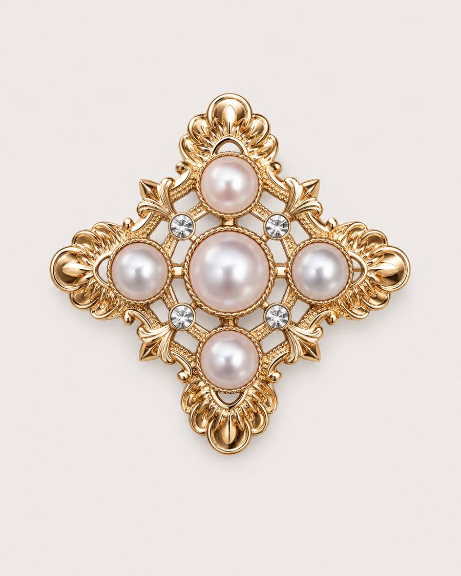 Dagny Pearl-Style Openwork Cross Brooch in gold tone, white & clear, front product view