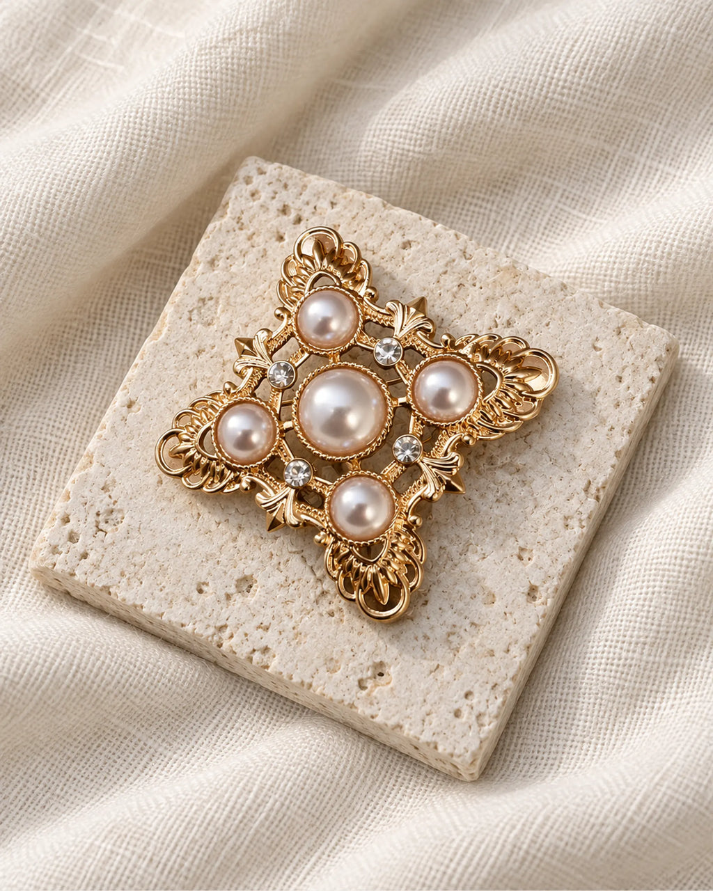 Dagny Pearl-Style Openwork Cross Brooch — front view on a stone tile and ivory linen