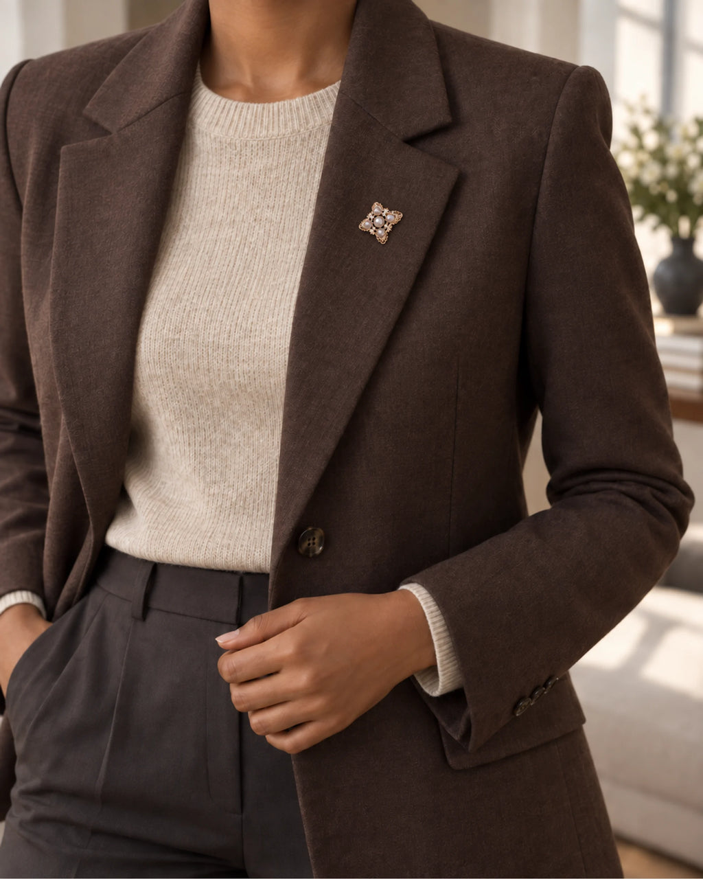 Dagny Pearl-Style Openwork Cross Brooch — model wearing the brooch with a tailored outfit, wider view