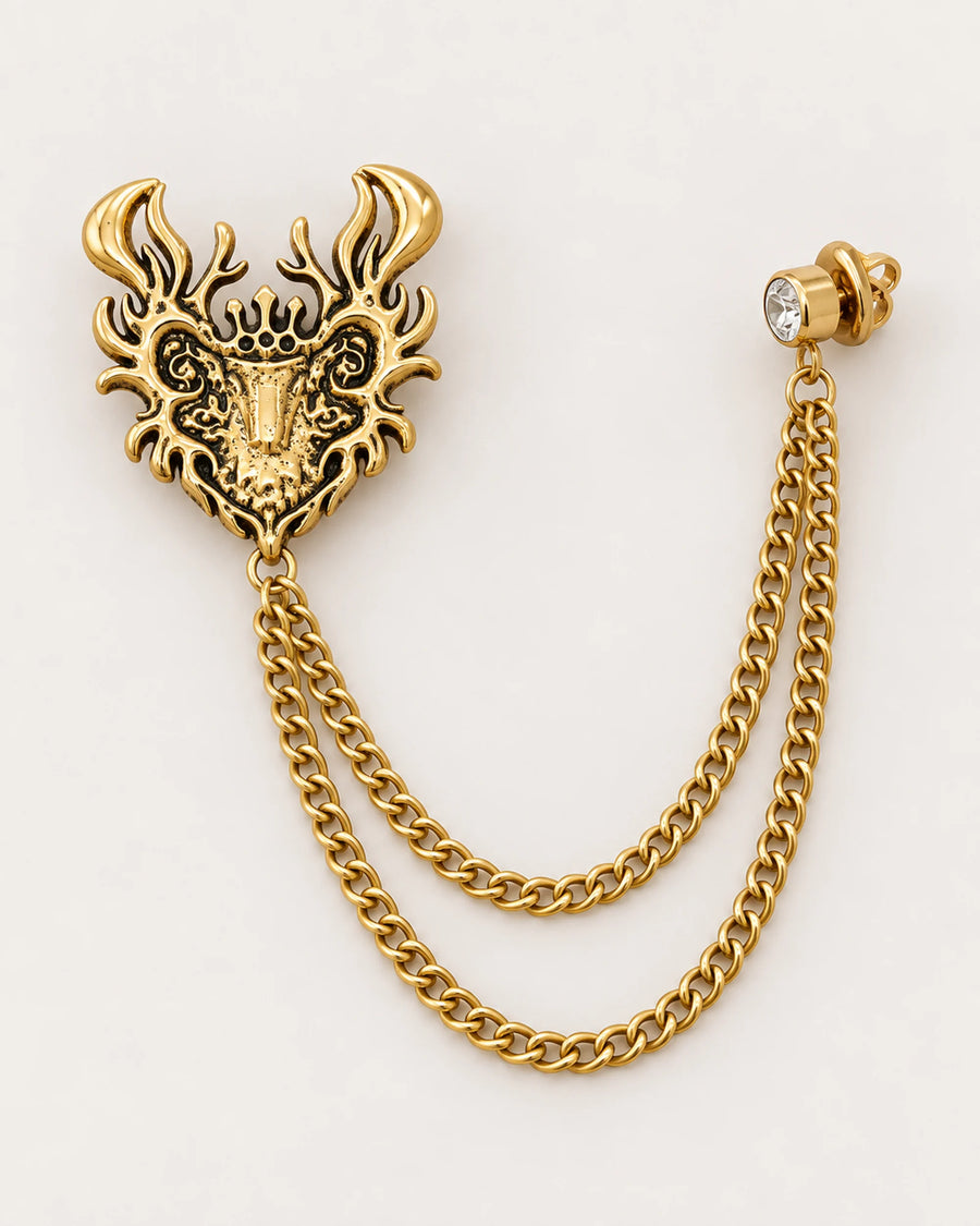 Draka Horned Crest Lapel Chain Brooch in gold-tone finish; complete front view