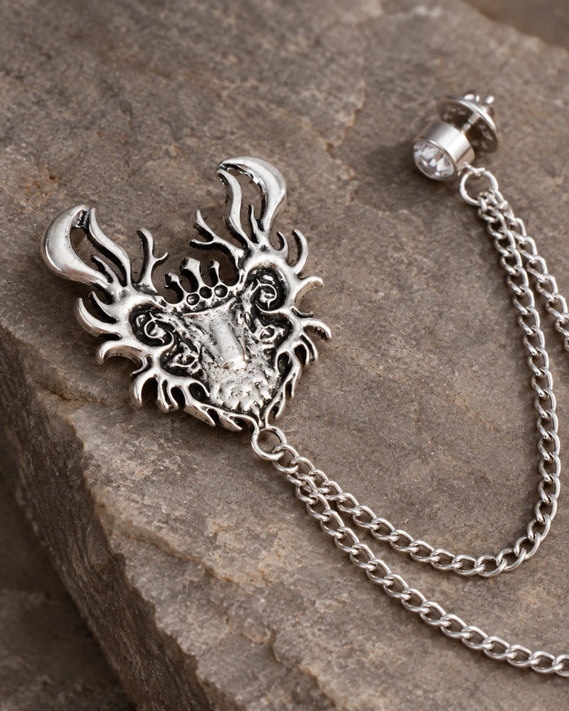 Draka Horned Crest Lapel Chain Brooch in silver-tone finish; motif and chain detail