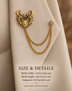 Draka Horned Crest Lapel Chain Brooch in gold-tone finish; motif and endpoint dimensions