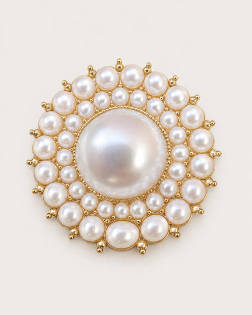 Elin Round Pearl-Style Cluster Brooch in gold tone & white, front product view