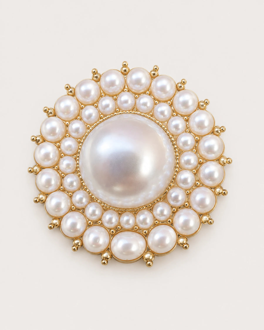 Elin Round Pearl-Style Cluster Brooch in gold tone & white, front product view