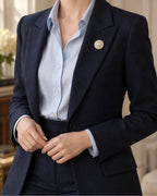 Elin Round Pearl-Style Cluster Brooch — model wearing the brooch with a tailored outfit, wider view