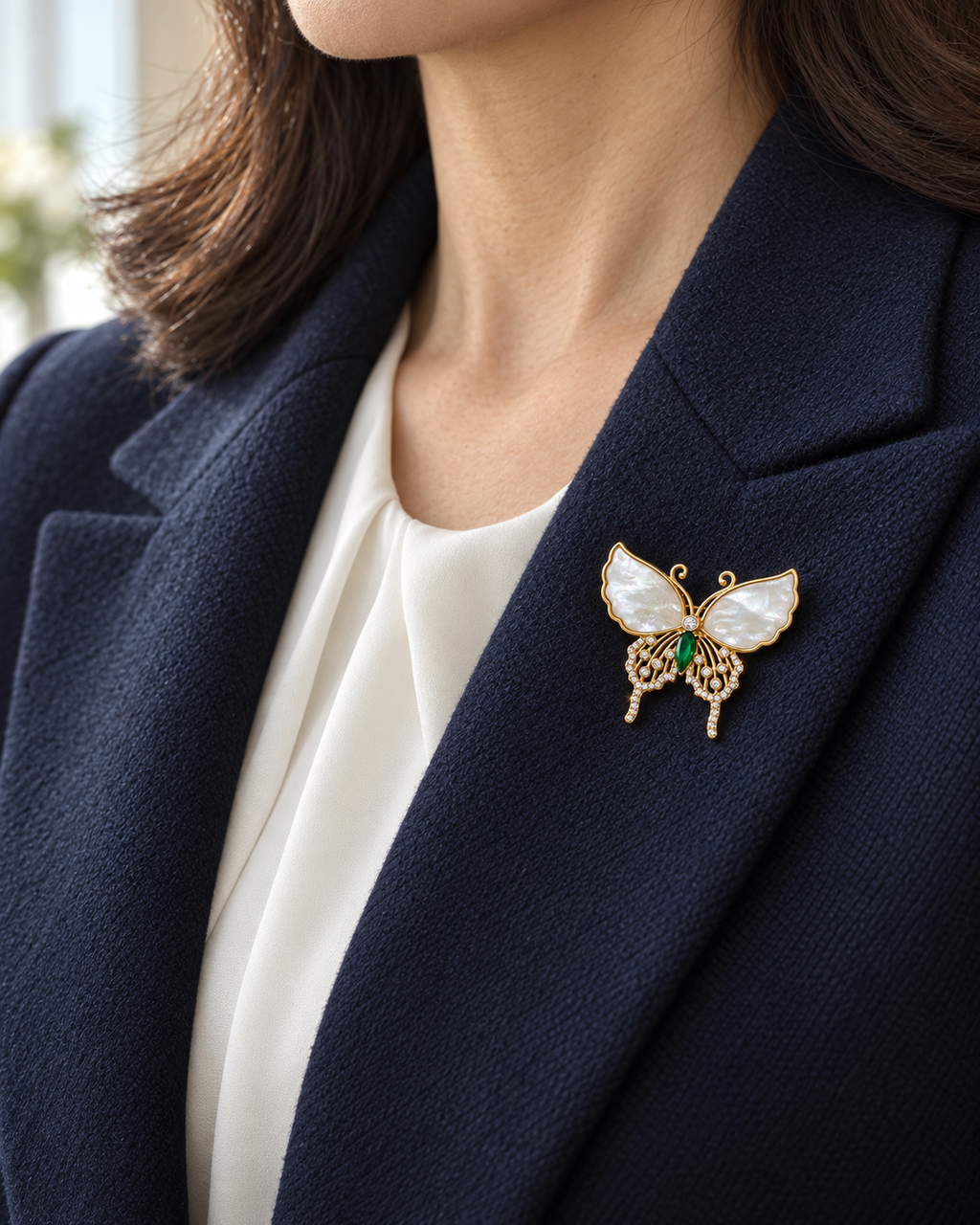 Elina Green Shell Butterfly Brooch worn on a navy wool lapel