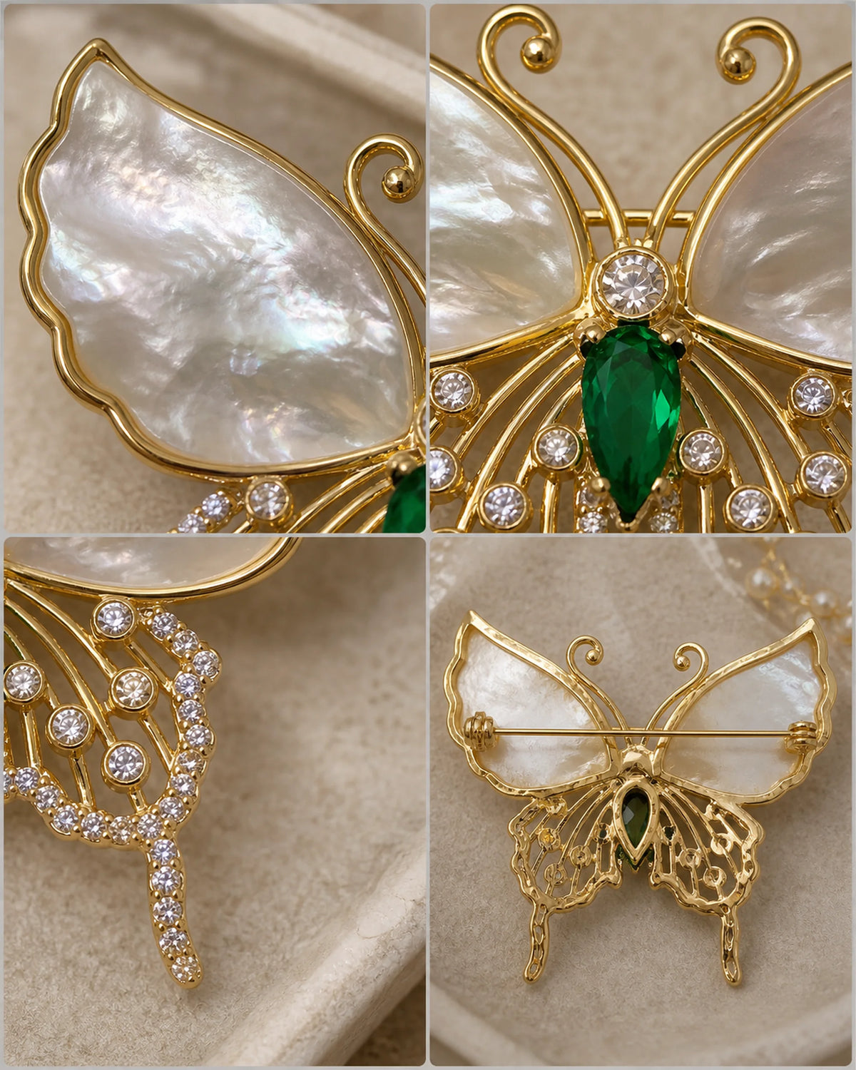 Four detail views of Elina showing natural shell wings, green and clear zircon accents, lower-wing setting and back pin.